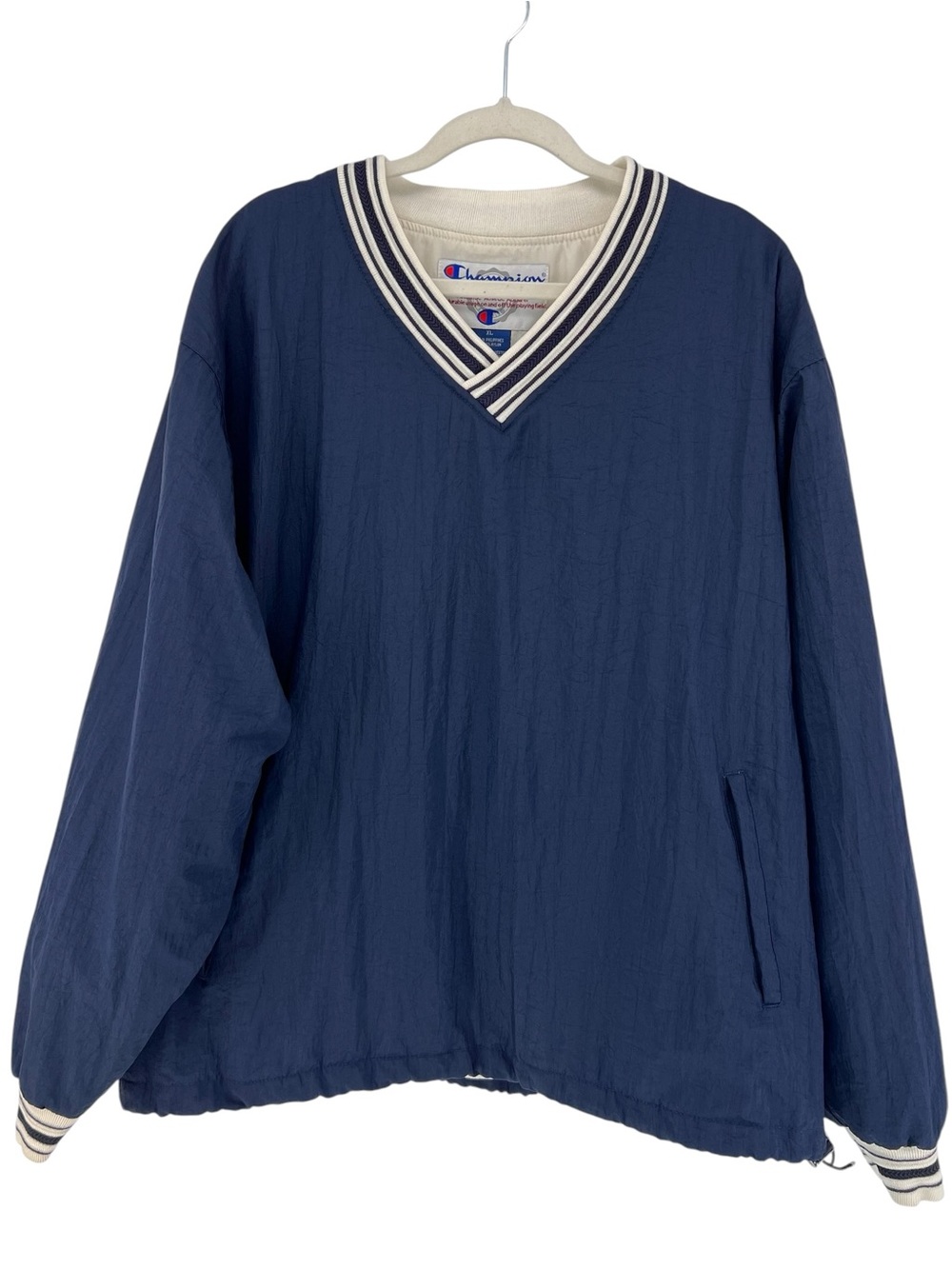 Vintage 90s Champion blue nylon V-neck pullover windbreaker Sz XL Bloke Preppy